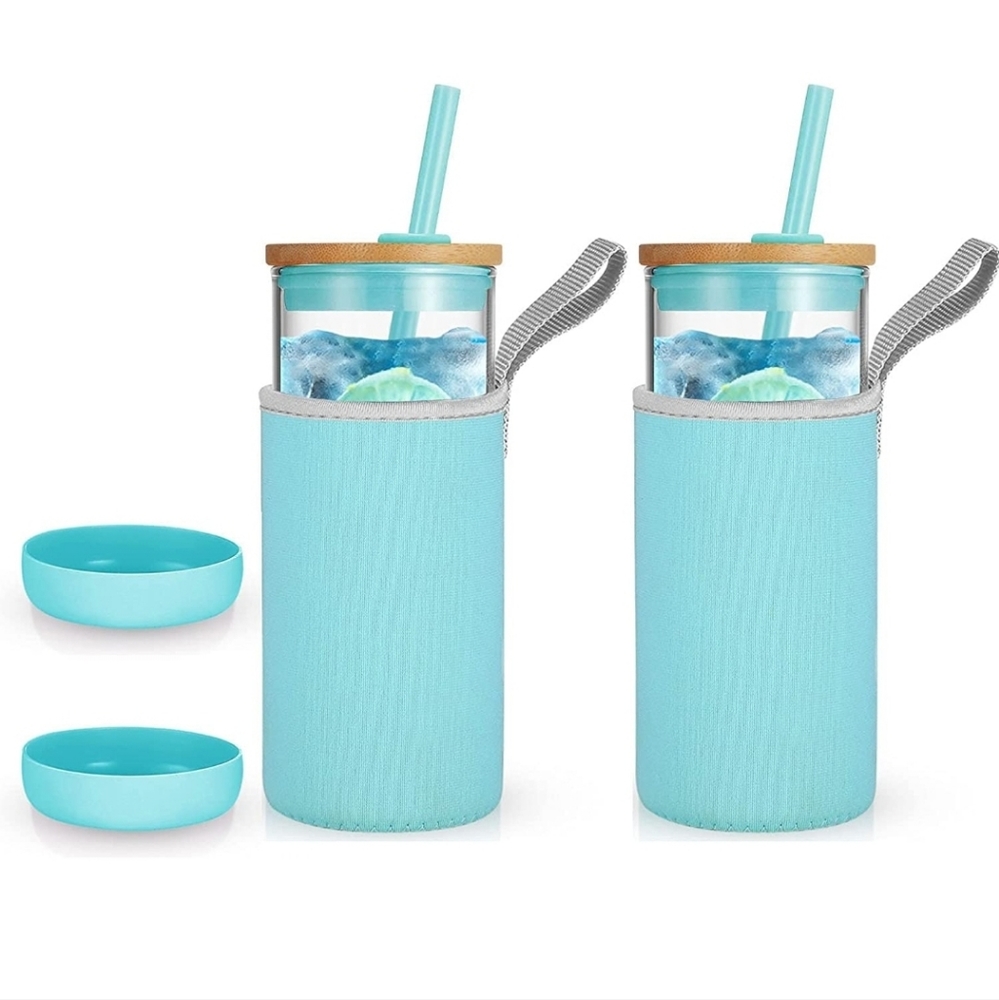 Tronco Glass Tumblers with Straw/Insulator Sleeve/Bamboo Lid 2Pk